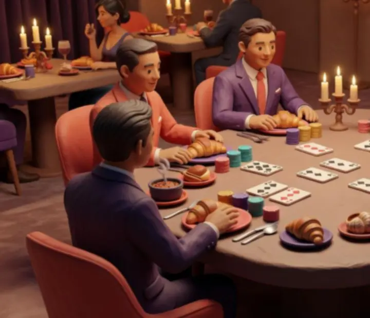 Table de poker en présentiel avec cartes et jetons, entourée de convives