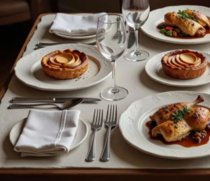 Table dressée avec assiettes gastronomiques, verres et lumière douce