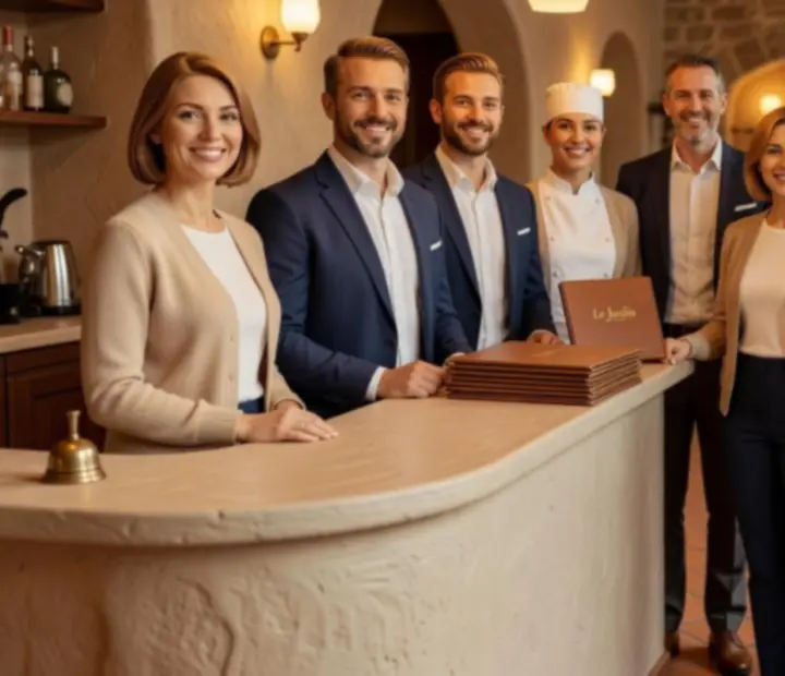 Équipe souriante d’Atelier du Goût accueillant les convives dans la salle