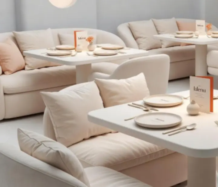 Salle élégante de restaurant français avec lumière tamisée et table dressée