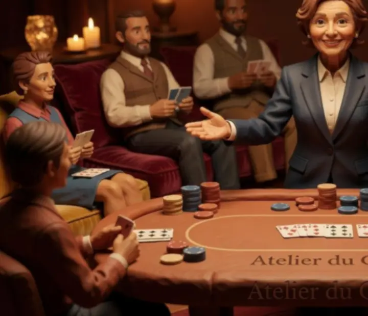 Hôte présentant une table de poker en présentiel dans une ambiance feutrée