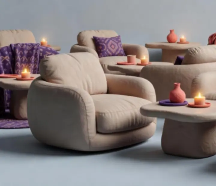 Ambiance lounge avec banquettes arrondies, coussins et éclairage tamisé