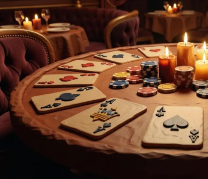 Table de poker en salle avec jetons en style clay et assiettes raffinées