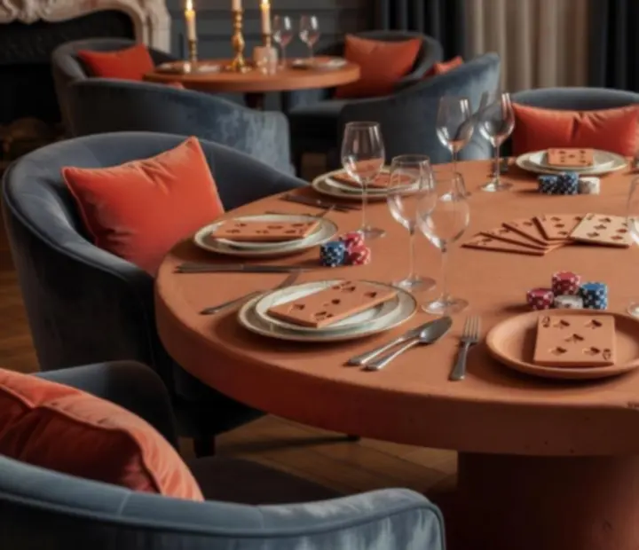 Grande table de poker en argile polie entourée de convives en soirée.