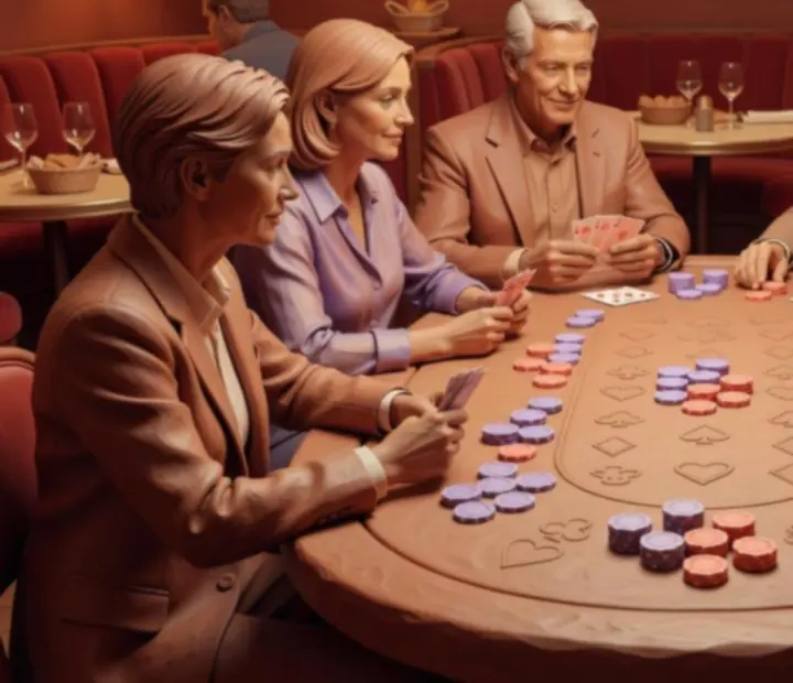 Table de poker arrondie avec jetons et cartes dans une ambiance feutrée