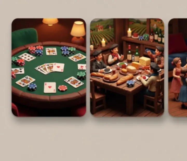 Mosaïque de scènes : table de poker, dîner à thème, salon lounge et table privée