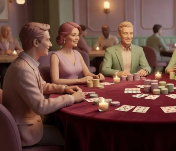 Table de poker en présentiel, tapis de feutre pastel et jetons claymorphiques